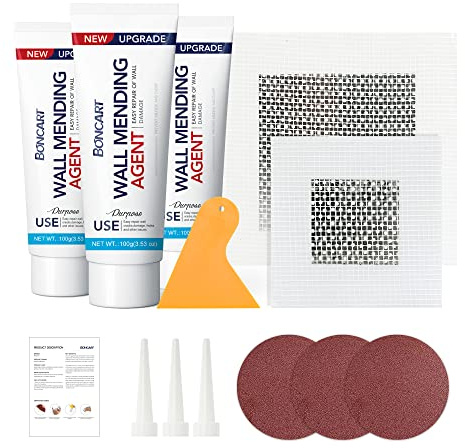 Boncart Reparationssats för gipsvägg, spackel väggreparationssats, 3-pack vägglagare, spackel, väggreparationspasta gips för väggspricka/nagelhål, vägghålsfyllare med 5 cm, 10 cm väggplåster