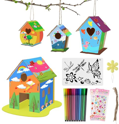 lahnao 4 Stück Vogelhaus Bausatz für Kinder, Kleine Handgemacht Vogelhaus Holz Kreative Bastelsets zu Bauen und Malen, Vogelkasten Basteln Geschenke für Mädchen Jungen