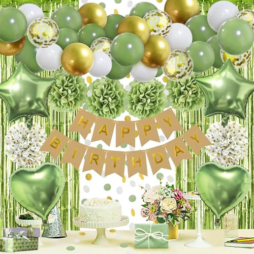 ZERODECO Geburtstagsdeko Grün, Pompons Happy Birthday Banner Glitzer Vorhang Luftballons Retrogrün Gold Avocado Grüne Kindergeburtstag für Mädchen Junge Mann Frauen Geburtstags Party Deko