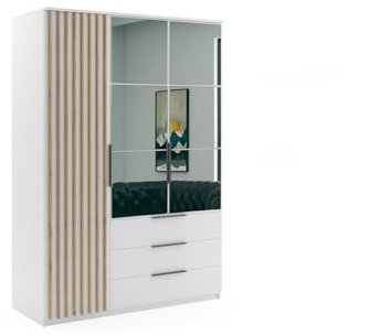 BM-Möbel Kleiderschrank mit Drehtüren, Schubladen und Spiegel - mit Einlegeböden und Kleiderstange - für Garderobe, Schlafzimmer - mit Lamellen aus Holzimitat - Weiß - 150 cm B, 215 cm H