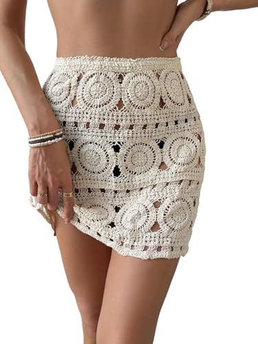 WDIRARA Women's Hollow Out Crochet Knit Cover Up Skirt High Waisted Sheer Beach Skirts Apricot Small