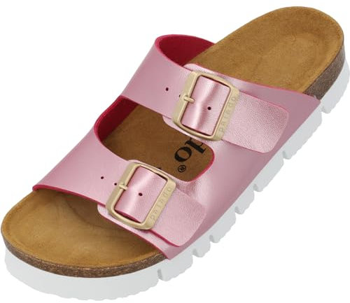 Palado Pantoletten Damen Korfu PL Metallic - bequeme Sandalen Made in Spain - Hausschuhe mit Kork-Fußbett - modische Sommerschuhe Pink UK7 - EU40