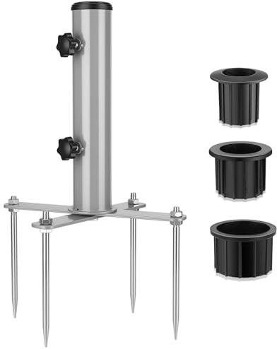SLIIMU Soporte extraíble para sombrilla enterrada con 4 estacas, estaca de metal para sombrilla, soporte de base de sombrilla de metal para patio, playa, arena, patio, césped (plateado)