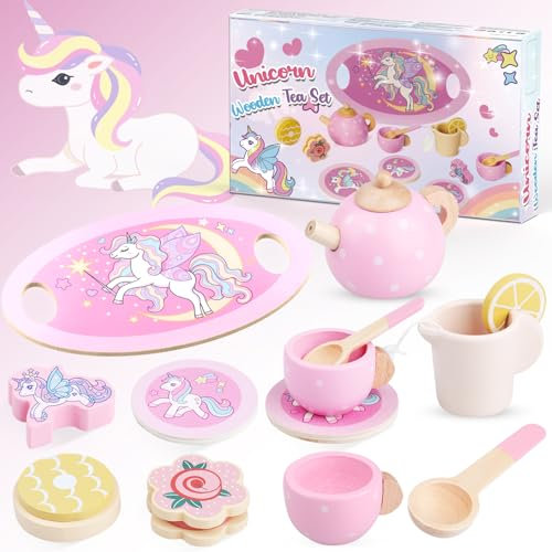 Geschenk Mädchen 2-6 Jahre,Einhorn Geschenke für Mädchen Einhorn Teeservice Kinder Holz Spielzeug ab 2 3 Jahre Teeparty Kinderküche Spielküche Zubehör Rollenspiel Kinder Spielzeug Geburtstagsgeschenk
