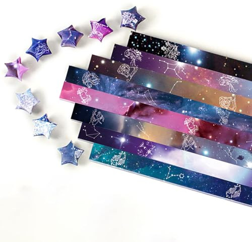 WUMUZAI 12 Constellation Paper Stars Strips 540 Sheets, Origami Star Paper Strips 8 Designs, Lucky Galaxy Outer Space Decoration Folding for DIY Hand Art Craft Making, B