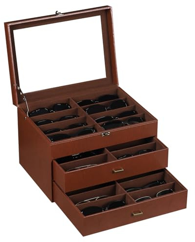 AUTOARK Leather & Velvet Clear Lid 24 Piece Eyeglasses Storage and Sunglass Glasses Display Drawer Lockable Case Organizer,Coffee,MKAW045