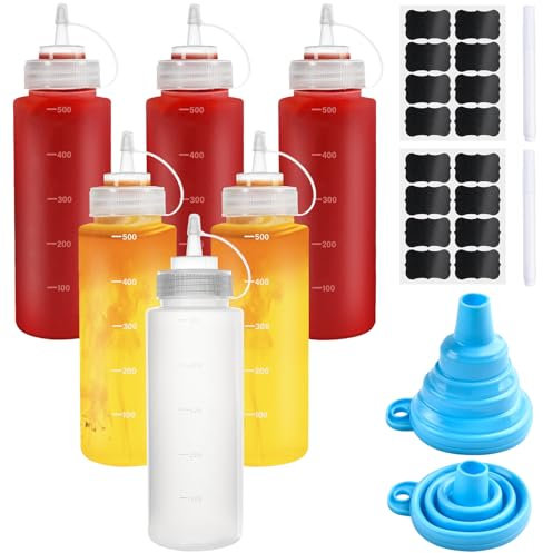 Akamino 6 Pack 16 oz Squeeze Bottles, 500ml Squeezy Sauce Bottles with Twist On Cap Lids & Label, 2 Pen, 2 Funnel - Condiment Dispensers with Measurements for Ketchup Salad Syrup Oil Olive Seasoning