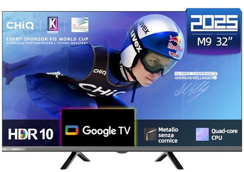 CHIQ L32M9G Téléviseur Smart 32 Pouces (80 cm), HDR 10, Dolby Audio, DBX-TV, HD, Google TV, Google Assistant, Tuner Triple, Chromecast intégré, WiFi 2.4G/5G, HDMI, USB, sans Cadre en métal, 2025