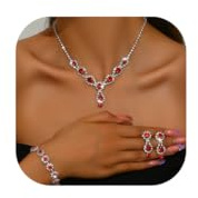 Gkaopi Bridal Jewellery Set for Women Rhinestone Necklace Drop Earrings and Crystal Bracelet Set Silver/Red/Blue Wedding Jewelry Set Engagement Bridesmaid Prom Jewellery Sets(Red)