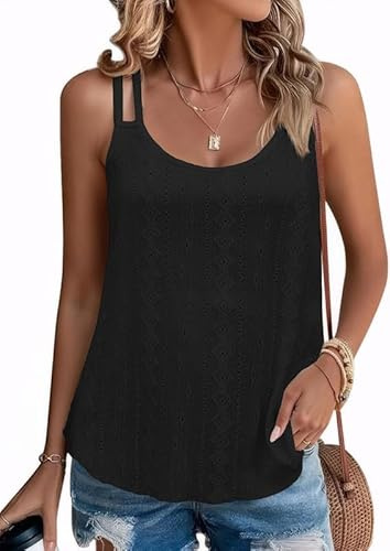 Sukiglam Top da Donna Estiva Elegante Canotta con Doppia Spallina Loose Fit Senza Maniche Tank Tops Ricamo Occhielli Canottiera Sexy Scollo a U Casual Boho Magliette Spiaggia Cami Shirts