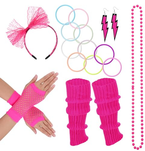 Wanmu 80s Fancy Dress Costumes Accessories, 1980s Headband, Errings, Fishnet Gloves, Necklace, Bracelt, Leg Warmers, Party Outfit Set for Women