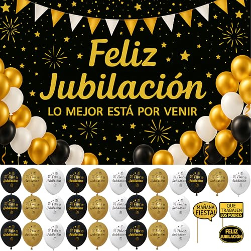 Feliz Jubilación Decoracion - Pancarta Jubilación Hombre Mujer 110x80cm Photocall - 30 Globos Telón Fondo Fotocol Español – Accesorios Divertidos – Fiesta Adultos Jubilado Jubilada Celebración Regalos