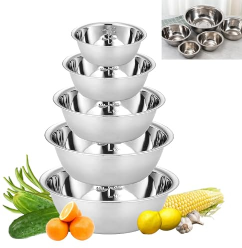 Zbozzba Set di ciotole in acciaio inox 5 pezzi, ciotola per mescolare in acciaio inox con fondo piatto, insalatiera con bilancia, ciotola per mescolare e servire impilabile,14/16/20/22/24 cm