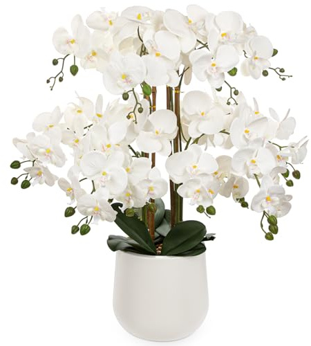 Briful Extra Large White Orchid Artificial Flowers in Cream Resin Pot, 29.5in Lifelike Silk Orchid Arrangement Faux Phalaenopsis Plant for Elegant Home Office Table Centerpiece Décor
