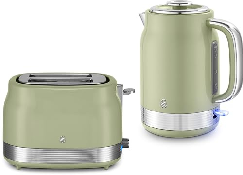 Swan Retro Revive Green 1.7L 3KW Jug Kettle & 2 Slice Toaster. Matching Retro Design Kettle & Toaster Set in Green with Chrome Accents