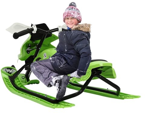 Trineo con freno de emergencia, asiento ajustable y suspensión, fuerte trineo de nieve hasta 60 kg, diseño de dirección y karting, incluye cuerda de tracción, 124 x 51 x 43,5 cm, negro, verde