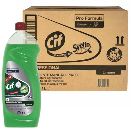 Cif powered by Svelto | 12 x 1L (12 Litri) Detergente Manuale Piatti profumo di Limone, Pro Formula, Elevato potere Sgrassante contro unto ed incrostazioni - Efficace anche in Acqua Fredda