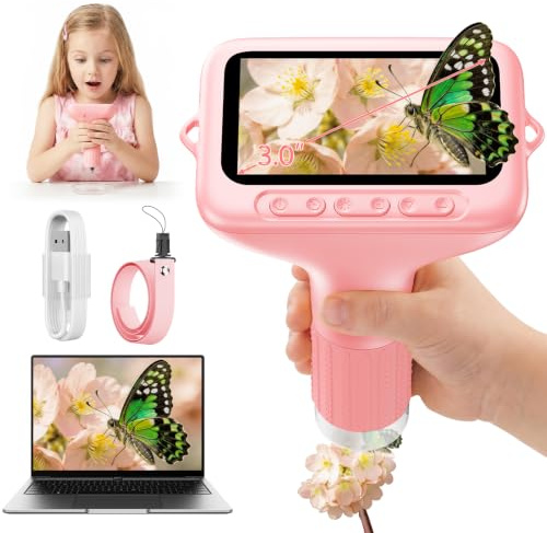 ASPOVEN Microscope Numérique Enfants 1000x avec écran de 3 Pouces (Rose) | Microscope Portable avec Fonction Photo, Vidéo et Compatible PC pour Jardin, Activités de Plein Air et Cadeaux Enfants