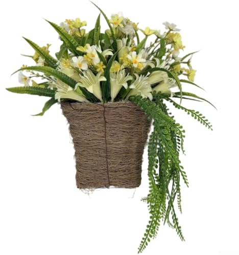 PureBowlic Handgjord plastlilja blomkrans med trådstam 45 x 35 cm grön blommig korg för heminredning utomhus högtid fest och grafisk rekvisita realistisk konstgjord tusensköna liljearrangemang