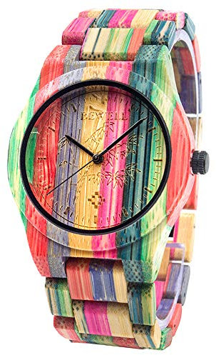 BEWELL Men's Wooden Watches Analogue Japanese Quartz Watch with Bamboo Bracelet Round Timepiece (Multicolour 1)