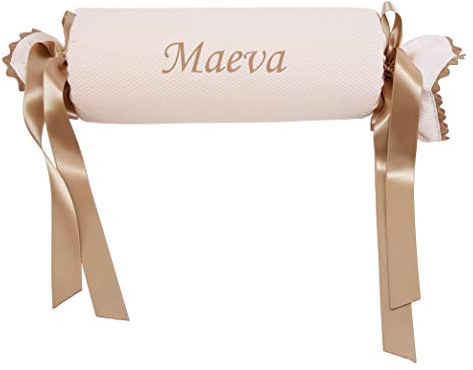 Borda y más Cojín Decorativo para Cuna o Carrito Personalizado – Caramelo bebé con Nombre - Rulo recién Nacido Bordado - Piqué - Nenel (Rosa/Camel)