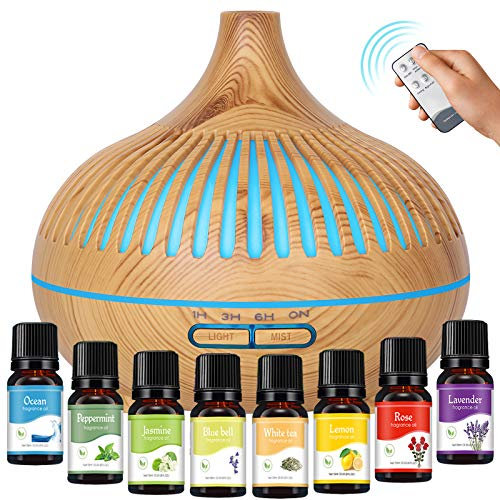 Difusor de Aceites Esenciales 500ML, GeeRic 8 * 10ML Aceites Esenciales + Humidificador Ultrasónico Purificador de Aire Difusor de Aroma Aceites Perfumados Nebulizador LED de 7 Colores para Yoga