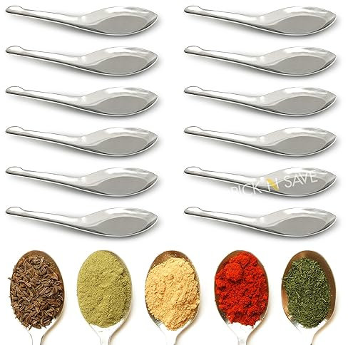 Small Mini Measuring Spoons, Stainless Steel, Perfect for Spice Jars, Masala Dabba Spice Spoon, Storage Tins, Coffee, Tea, Condiments, Sugar, Honey, Milk Powder, Ice Cream - Set of 12