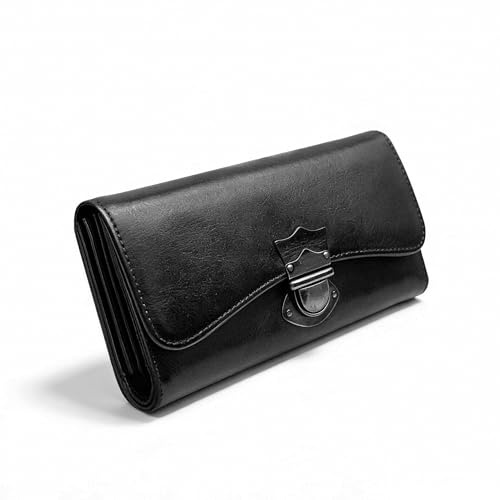 LETEULO Damen Geldbörse Echtes Rindsleder, 18 Kartenfächer Großes Portemonnaie, Dreifachgefaltet Geldbeutel mit Münzfach & Geschenkbox (Schwarz)