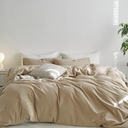 MooMee Upgraded Softer Duvet Cover Set 100% Washed Cotton Twill Queen