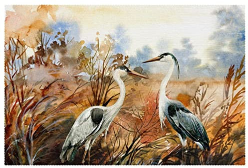 Heron Birds in Reed Autumn Landscape Placemats, Set of 6 Table Mats for Dining Tables, 12×18 Inches Anti-Skid Heat Resistant Kitchen Table Place Mats