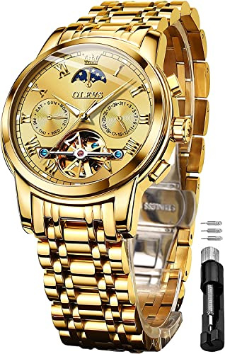 OLEVS Men's Watches Automatic Mechanical Stainless Steel Moon Phase Waterproof Date Luminous Tourbillon Wrist Watch for Man