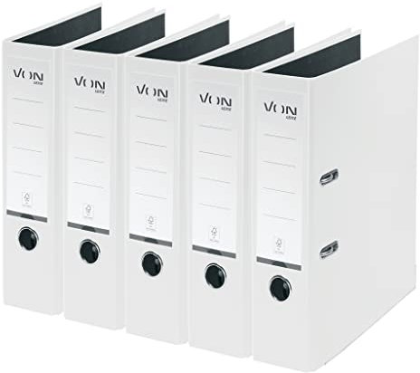 VON Leitz 5er Pack Ordner A4, Karton mit Kunststoffeinband, 80 mm Rückenbreite, Für 600 Blatt, FSC-zertifizierter Karton, Für Schule, Studium & Haushalt, Weiß, 10551001