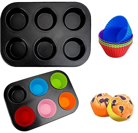 Muffin Backblech Satz, 2er-Pack Muffinform Blech für 6 Muffins, und 12 Stück Wiederverwendbare Silikon Muffinförmchen, Karbonstahl Muffins Backform, Antihaftbeschichtet Muffinformen, 26.5x18.5cm