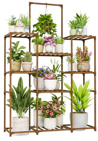 Bamworld Plant Shelf Indoor Outdoor Large Plant Shelf Tall Hanging Plant Holder Wood Flower Stand for Window Living Room Garden Balcony Home Decor Flower Patio 3 Tiers