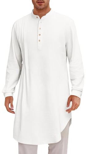 Runcati Mens Kaftan Thobe Cotton Linen Henley Shirt Long Sleeve Robe Casual Muslim Gown Kurta White