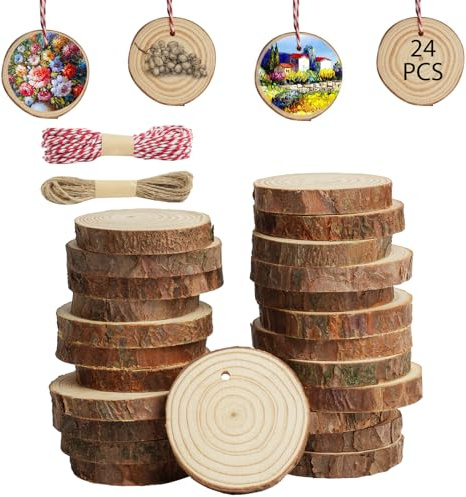 HOTUT Dischi Legno Grezzo, 24Pz Naturale Legno da Decorare Diametro 6-7cm Dischetti Legnetto, Fette di Legnetto con Corteccia e Corda, Dischetti per Pirografo, Decorativi Natale, Segnaposto