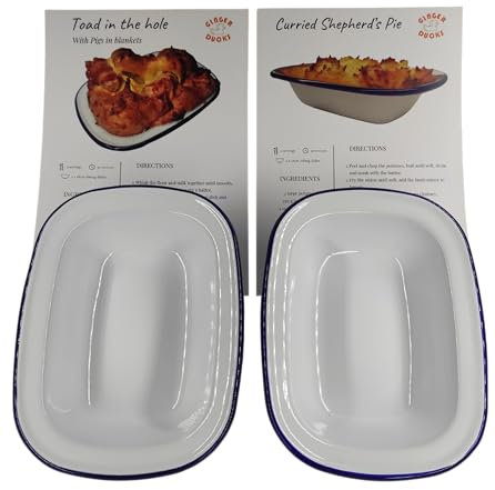 Ginger Ducks Individual Pub Oven Pie Dish Set - 2X Individual Enamel Oblong Pie Tins Plus Recipe Card - Make Perfect Pigs-in-Blankets Toad in The Hole and Curried Shepherd’s Pie