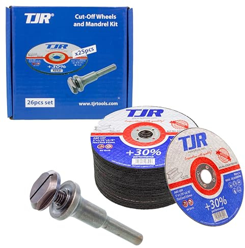 TJR© Stabschleifer-Trennscheiben- und Dorn-Kit - Inklusive 1 Stück 6 mm x 9,53 mm Dorn und 25 Stück 75 mm x 1 mm Dünne Scheiben, A60 QBF, 9,53 mm AH