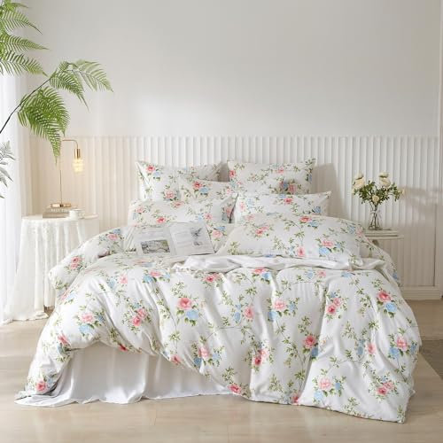 DXHOME Ropa de cama de 135 x 200 cm, diseño de flores, color blanco, azul y rosa, diseño de flores, color verde, ropa de cama de verano de microfibra suave, funda nórdica con cremallera y 1 funda de