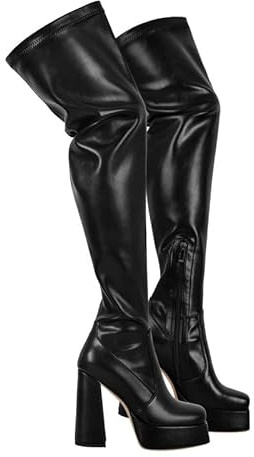 VERISSON Plateforme Bottes hautes pour femme Tige longue avec talon bloc, Publack, 44 EU