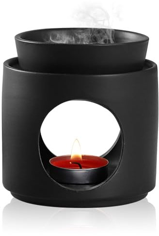 Chingcoo Duftlampe, Duftlampe Für ätherische öle, Duftlampe Teelicht, Keramik Diffuser Aromalampe, Oval Abnehmbarer ätherischer ölbrenner, Mattschwarz, Geriffelte Oberfläche, Abnehmbar, (9,7 X 8,7cm)