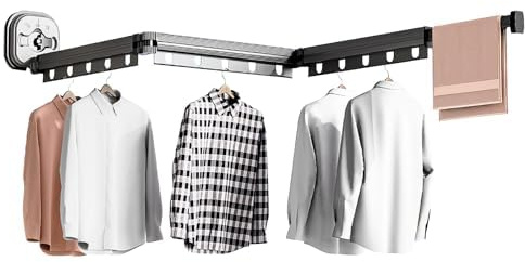 Xsdgi Wäscheständer Ausziehbar,Wäscheständer Platzsparend, Hängend Ohne Bohren Clothes Drying Rack, mit 15 Haken Kleiderstange Ausziehbar, für Balkon, Wäsche, Reisen, Abnehmbar Wäschehalter Wand