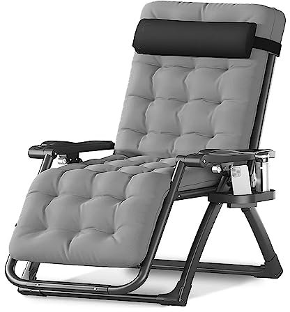 Silla reclinable extra ancha de gravedad cero para patio al aire libre con cojín extraíble y charola plegable para interiores