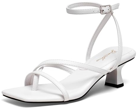 GENSHUO Sandali con Tacco Basso da Donna con Cinturino alla Caviglia e Punta Quadrata Aperta, Comode, Sexy e Carine, Scarpe da Festa per Matrimonio, Bianco, 37 EU