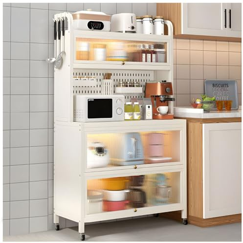 NUODWELL 5 Tier Kitchen Storage Cabinet, Rolling Kitchen Baker's Rack with Translucent Flip Doors, Microwave Stand with Pegboard Accessories, Pantry Cupboard for Dining Room, Living Room (White)