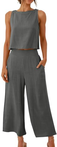 Completo Donna 2 Pezzi in Lino e Cotone Tuta Sportivo in Due Pezzi Lino Estivo Leggera Confortevole Maglia a Senza Maniche + Pantaloni Lunghi Abbigliamento Elegantee con Tasche Spiaggia Vacanza
