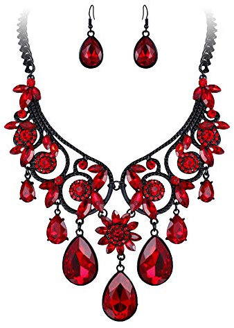 Clearine Halloween Jewellery Tribal Ethnic Diamante Crystal Gemstone Wedding Bridal Costume Chunky Statement Necklace Dangle Earrings Jewellery Set Ruby Color Black-Tone