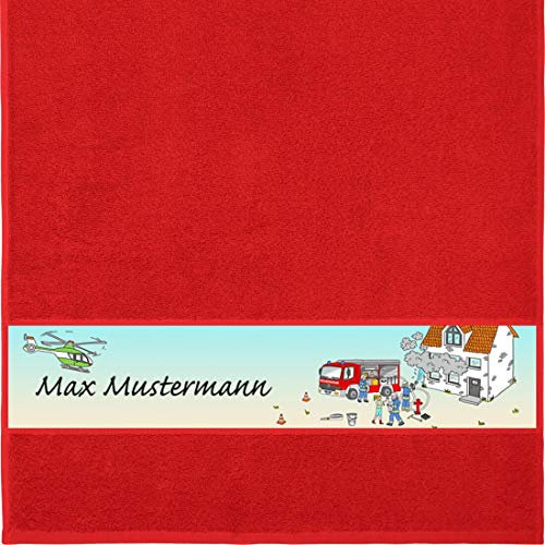Manutextur Handtuch mit Namen - Motiv Kinder - Feuerwehr - viele Farben & Motive - personalisiert - rot - Größe 50x100 cm - persönliches Geschenk