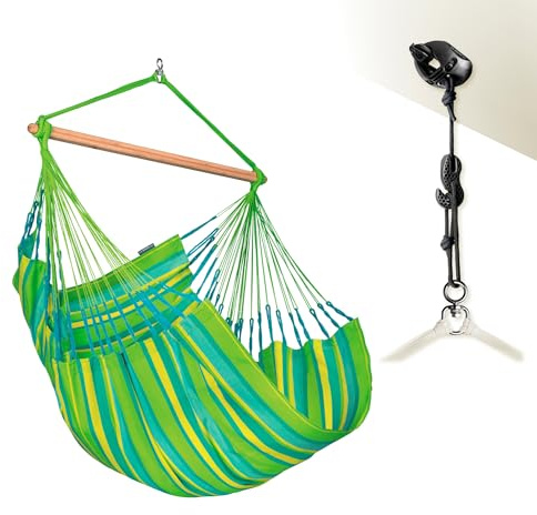 La Siesta® Domingo - komfort hängmatta stol med väder, funktionell fiber, kolumbisk tillverkning, stor yta, bambu stabilisator, avkoppling utomhus - lime, komfort med fäste