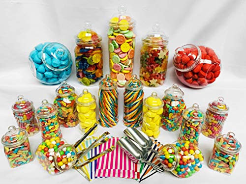 Truly Sweet Candy 19 barattoli vuoti in plastica per dolci, 2 misurini, 2 pinze e 100 sacchetti, kit per buffet, tavolo dolce (blu)